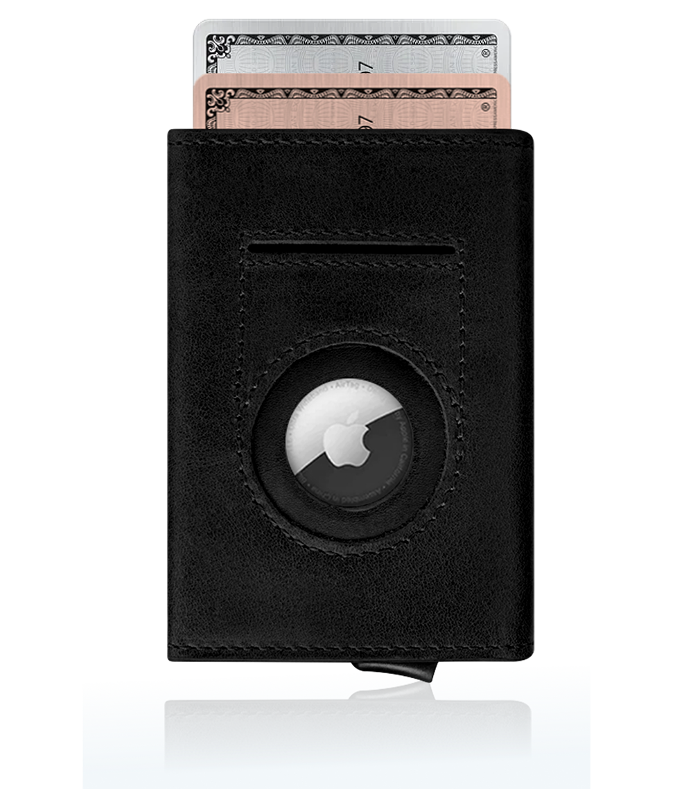trifold airtag wallet in premium black leather