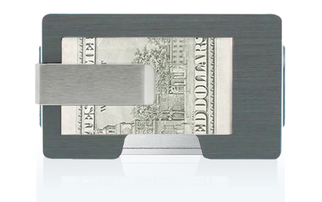 brushed aluminum mens wallet with removable cash clip showing money on back