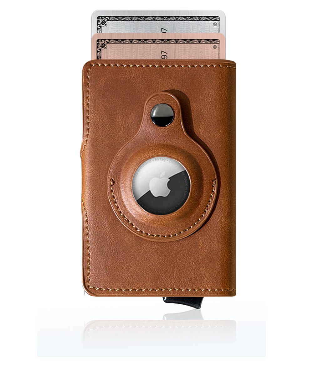 brown bifold vegan leather airtag wallet for men