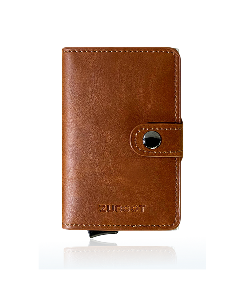 bifold vegan brown leather airtag wallet front view