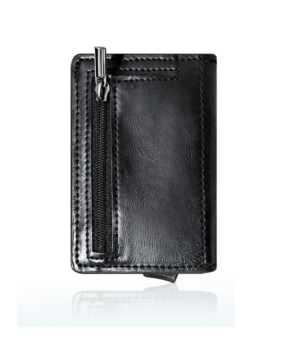 zipper pouch on leather airtag wallet